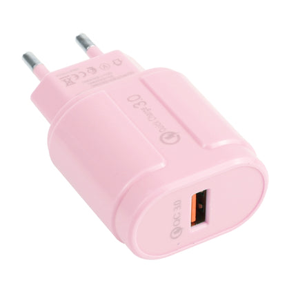 Pink single-USB travel charger with QC3.0, round EU plug, orange USB port detail.
