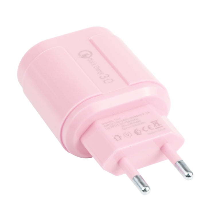 Pink single-USB travel charger with QC3.0, round EU plug, pins and label view.