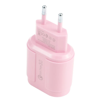Pink single-USB travel charger with QC3.0, EU plug pins up, compact cube shape.