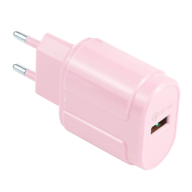 Pink single-USB travel charger with QC3.0, angled view of EU plug and USB port.