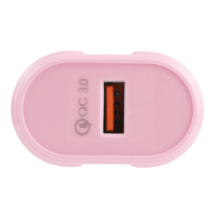 Pink single-USB travel charger with QC3.0, close-up of USB port and charging label.