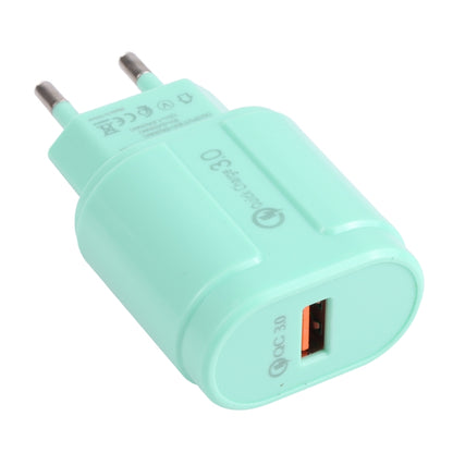 Mint green single-USB travel charger with QC3.0, round EU plug and orange USB port.