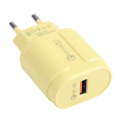 Yellow single-USB travel charger with QC3.0, round EU plug and orange USB port.