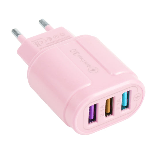 Pink dual USB travel charger with two USB ports and power plug prongs