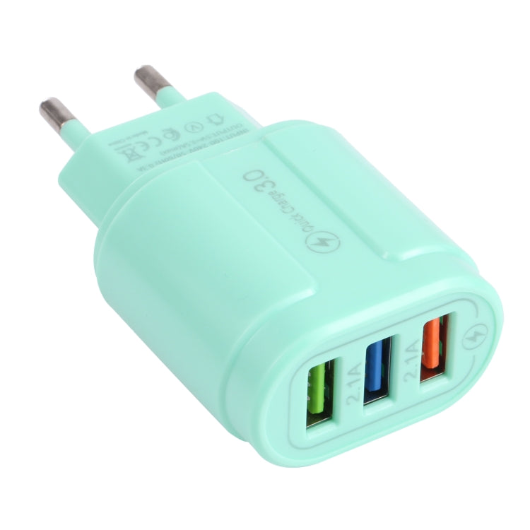 Mint green dual USB travel charger with two USB ports and power plug prongs