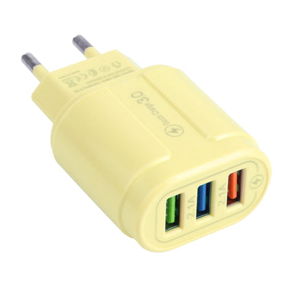 Yellow dual USB travel charger with two USB ports and metal plug prongs