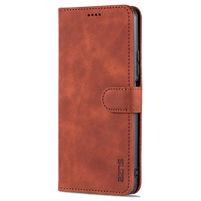 Brown leather flip phone case with card slot window and side cutouts, front view