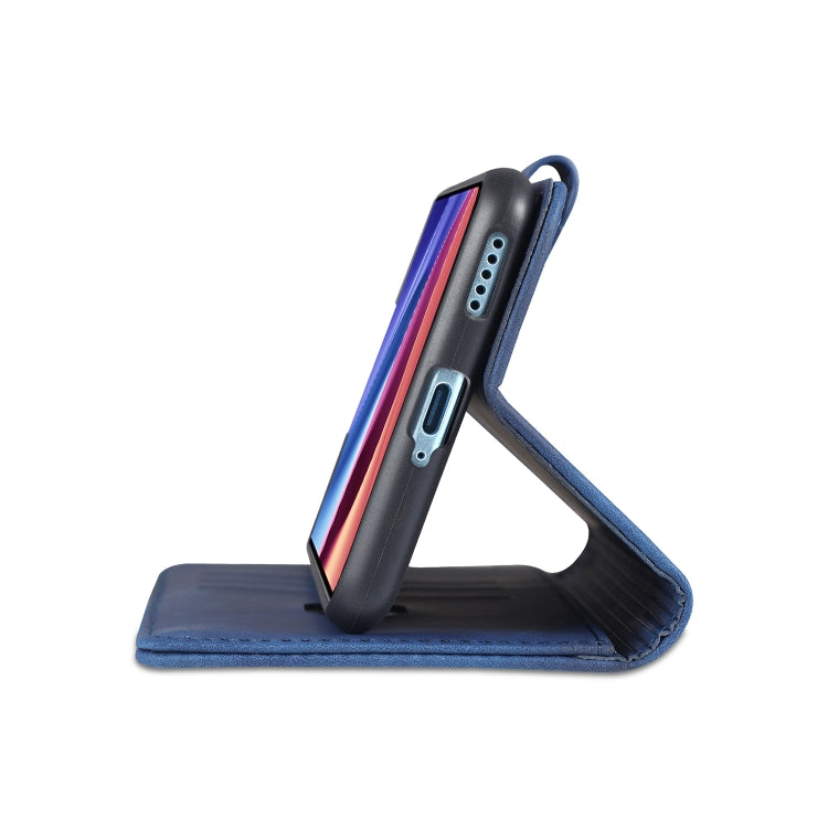 Blue leather flip phone case with fold-out stand for angled viewing