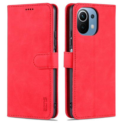 Red leather flip phone case with card slots and camera cutout