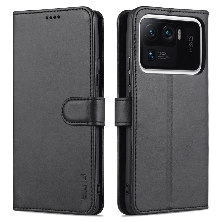 Calf-texture leather flip phone wallet case with card slots and holder, black with camera cutout