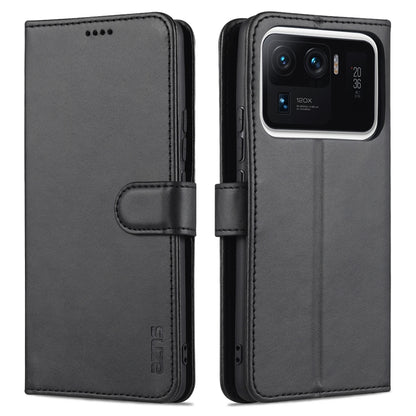 Calf-texture leather flip phone wallet case with card slots and holder, black with camera cutout