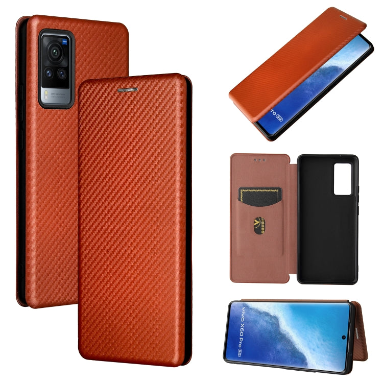Brown carbon-fiber textured magnetic flip phone case with card slot, horizontal opening
