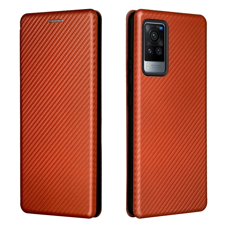 Brown carbon-fiber textured magnetic flip phone case, showing front and back