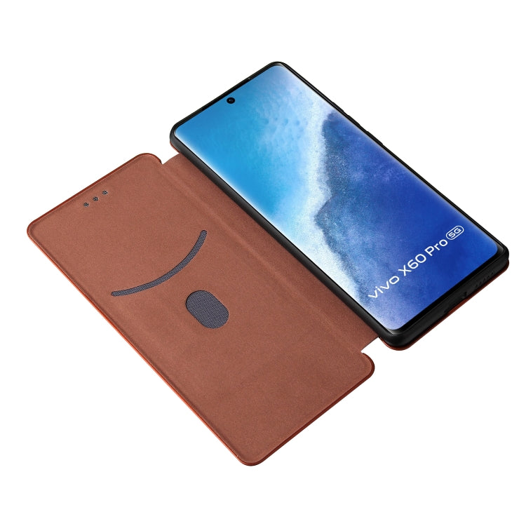 Brown carbon-fiber textured magnetic flip phone case with front cover open