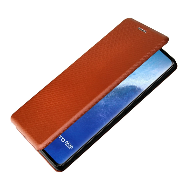 Brown carbon-fiber textured magnetic flip phone case, slim profile front view