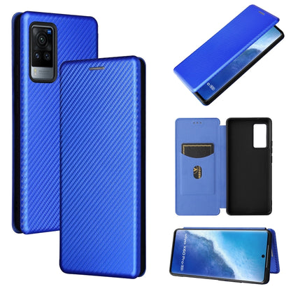 Blue carbon-fiber textured magnetic flip phone case with card slot, horizontal opening