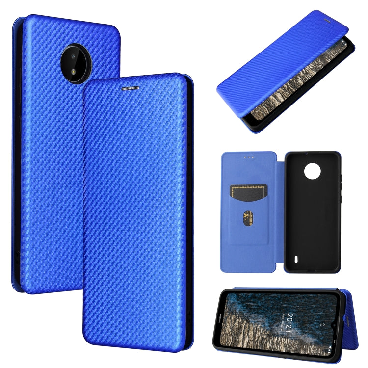 Magnetic flip phone case with carbon-fiber texture and card slot, shown in blue and purple