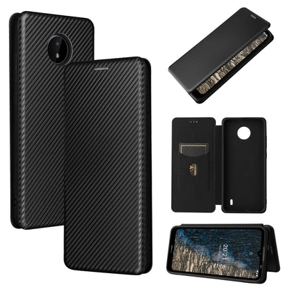 Magnetic flip phone case with carbon-fiber texture and card slot, shown in black and dark gray