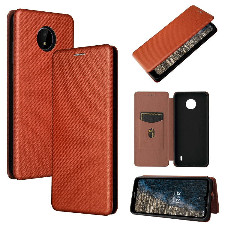 Magnetic flip phone case with carbon-fiber texture and card slot, front and side views in orange