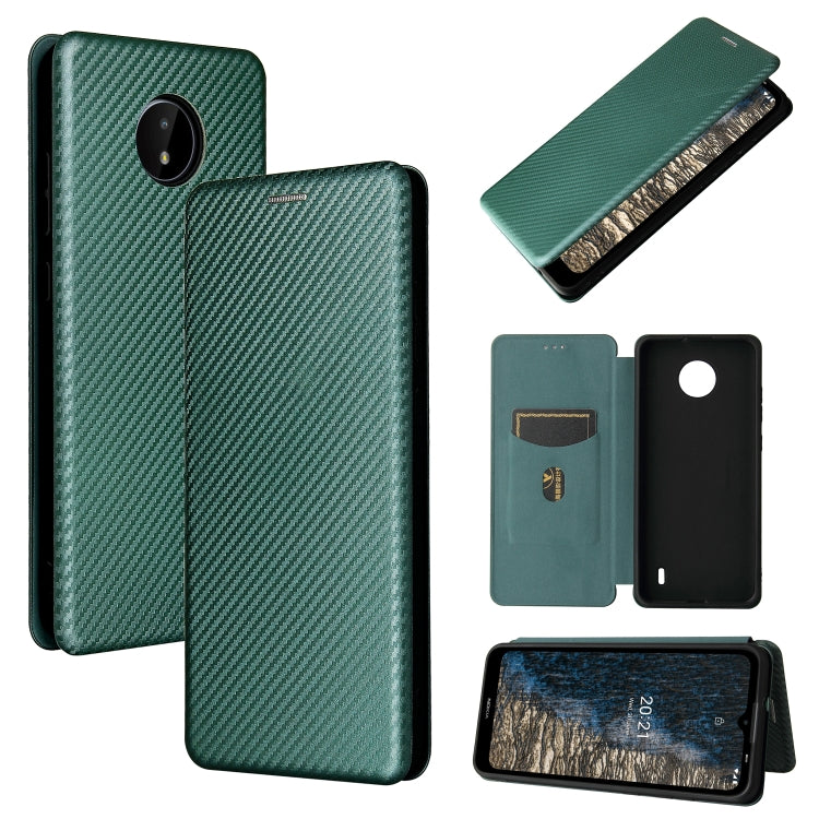 Magnetic flip phone case with carbon-fiber texture and card slot, front and side views in teal