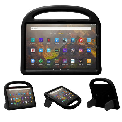 Black EVA children shockproof tablet case with carry handle and kickstand, front view
