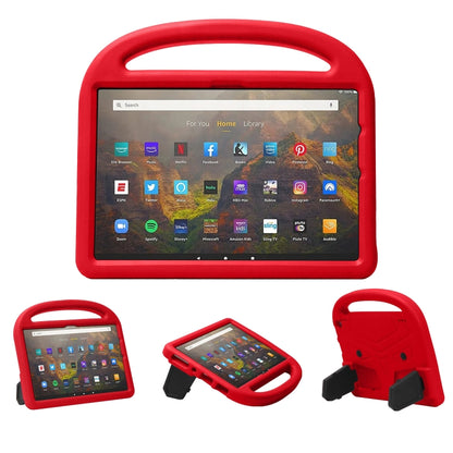 Red EVA children shockproof tablet case with carry handle and kickstand, front view