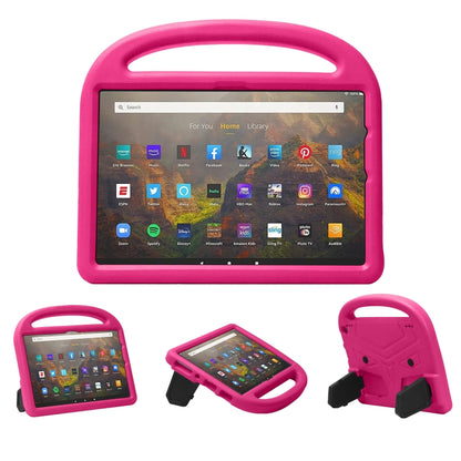 Pink EVA kids shockproof tablet case with handle, corner guards, and kickstand