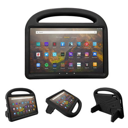 Black EVA children shockproof tablet case showing front, stand, and back views