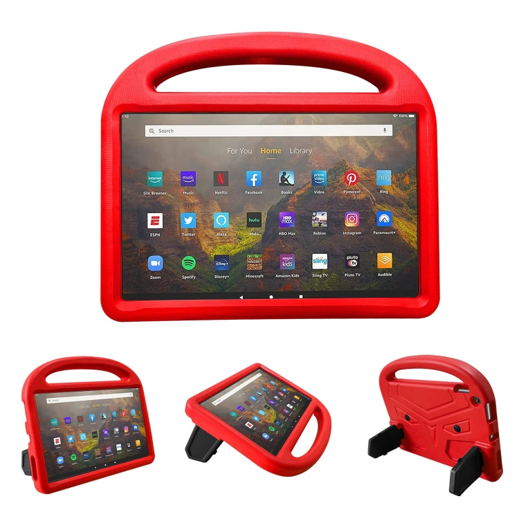 Red EVA children shockproof tablet case with stand and rear port cutouts, angled views