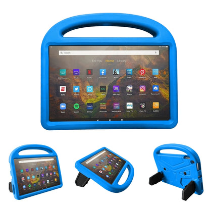 Blue EVA kids protective tablet case with handle, front grip, and kickstand
