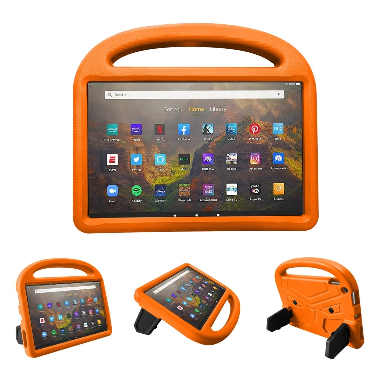 Orange EVA kids protective tablet case with handle loop, corner guards, and stand