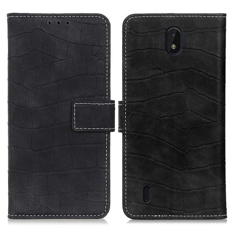 Black crocodile-texture leather flip phone case, back view with camera cutout