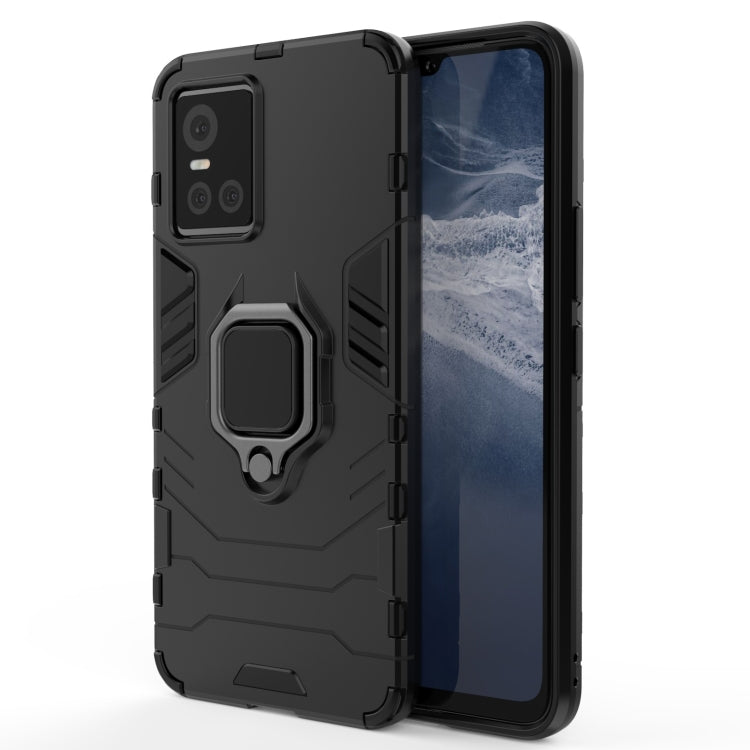 Black rugged shockproof phone case with magnetic ring holder and camera cutouts.