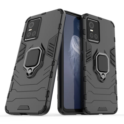 Black rugged phone case with magnetic ring holder, front and back angles.