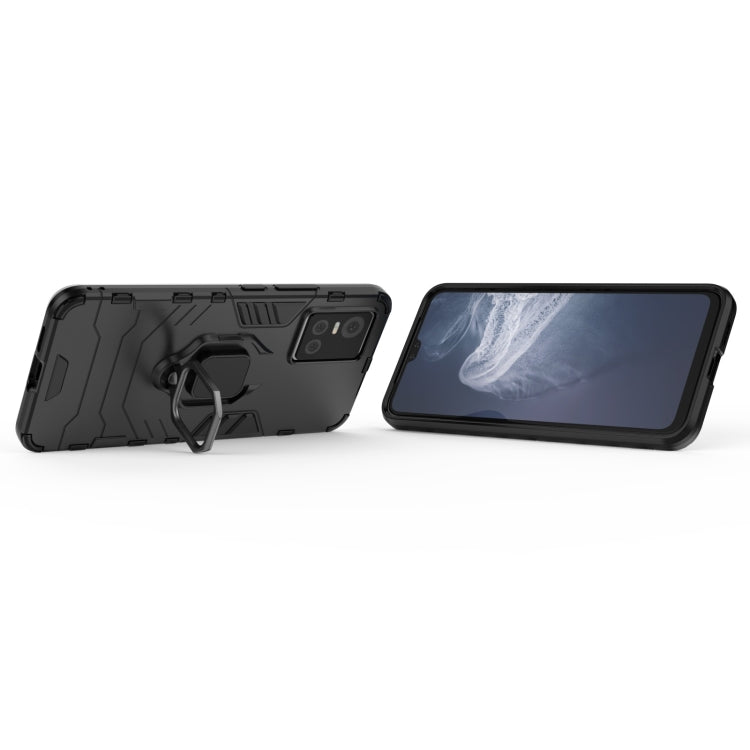 Black rugged phone case with magnetic ring holder, phone back and front side view.