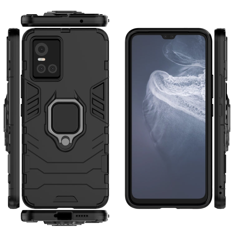 Black shockproof phone case with magnetic ring holder, back view and kickstand-style detail.