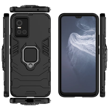 Black shockproof phone case with magnetic ring holder, back view and kickstand-style detail.
