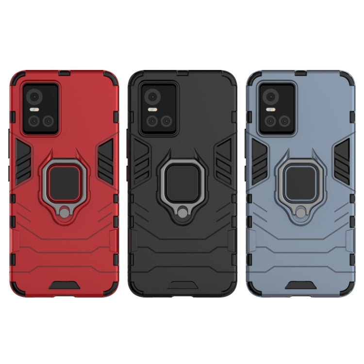 Rugged phone cases in red, black, and navy with magnetic ring holder.