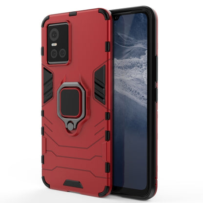 Red rugged shockproof phone case with magnetic ring holder and camera cutouts.