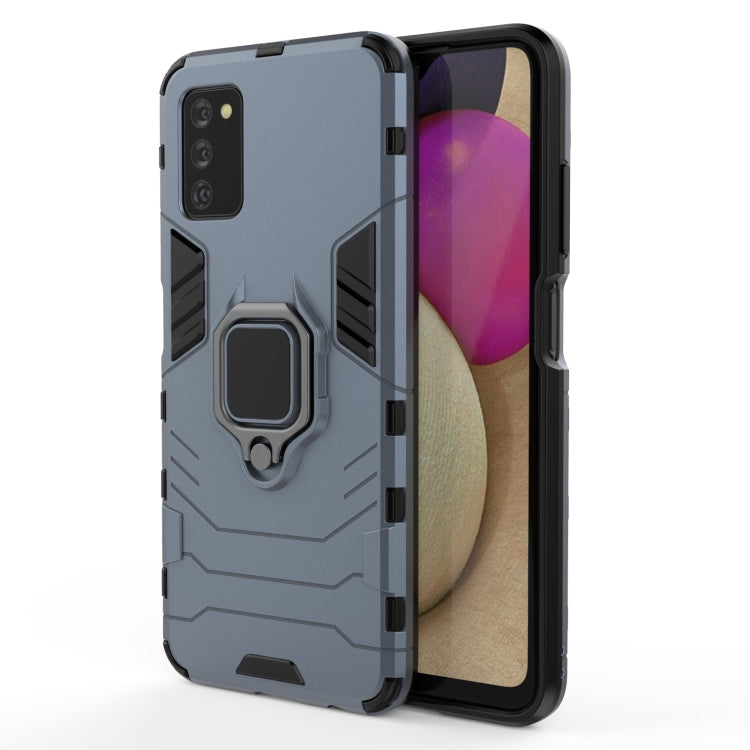 Blue shockproof phone case with magnetic ring holder, ports and camera cutout