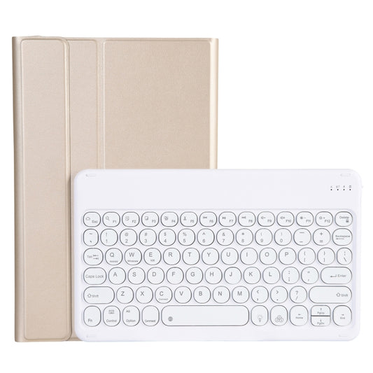 Beige leather keyboard case with detachable round keycaps and white Bluetooth keyboard