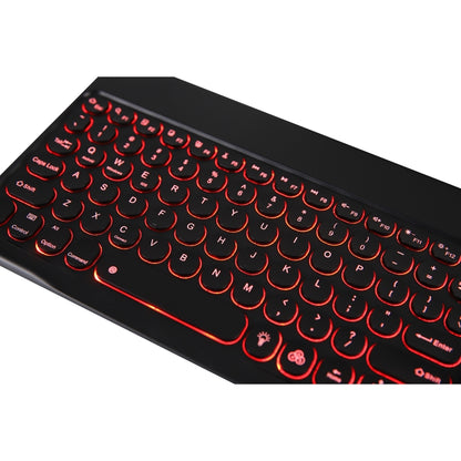 Black Bluetooth keyboard with detachable round keycaps and red backlight, angled view