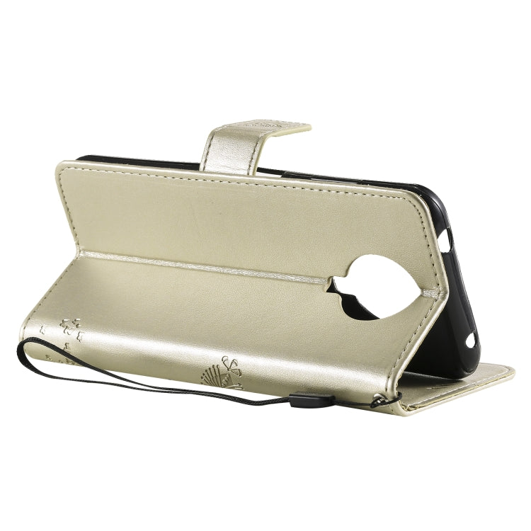 Gold tree and cat pattern flip PU leather wallet case with stand view