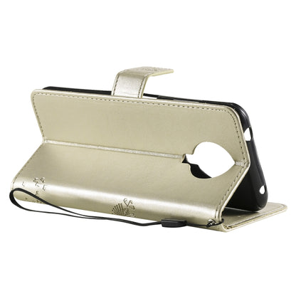 Gold tree and cat pattern flip PU leather wallet case with stand view
