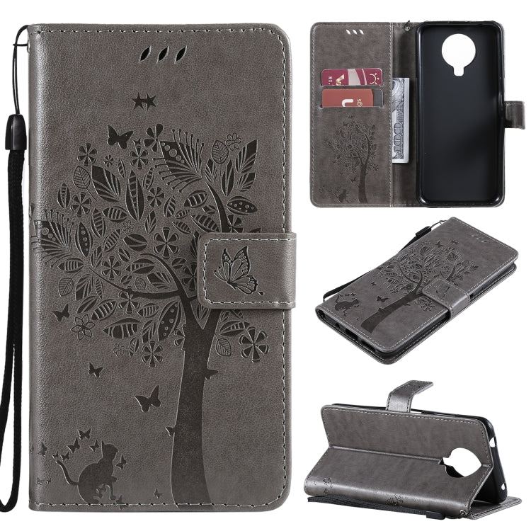 Gray PU leather phone wallet case with flip cover, card slots, lanyard; tree and butterfly pattern.