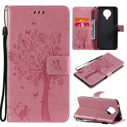 Pink PU leather phone wallet case with flip cover, card slots, lanyard; tree and butterfly pattern.