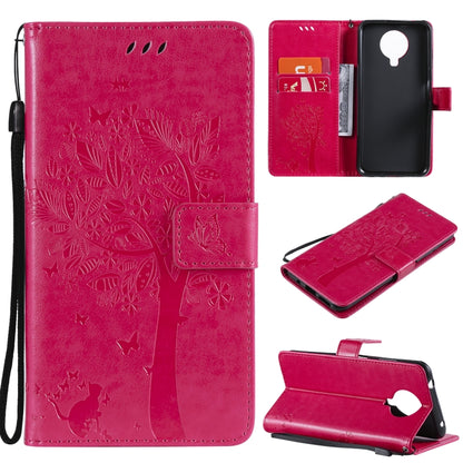 Red PU leather phone wallet case with flip cover, card slots, lanyard; tree and butterfly pattern.