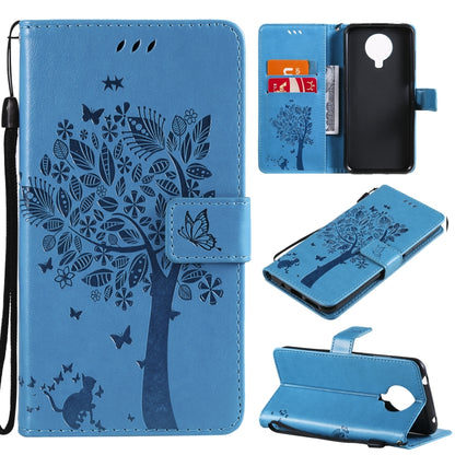 Blue PU leather phone wallet case with flip cover, card slots, lanyard; tree and butterfly pattern.