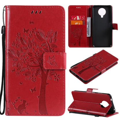 Red tree-and-cat PU leather phone wallet case with card slots and lanyard holder