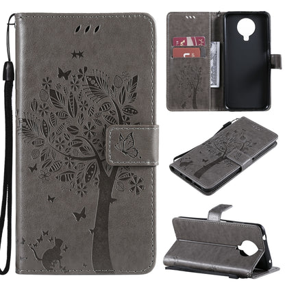 Gray tree-and-cat PU leather phone wallet case with card slots and lanyard holder